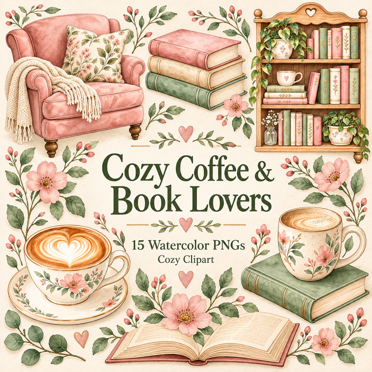 Watercolor preview of Cozy Coffee & Book Lovers